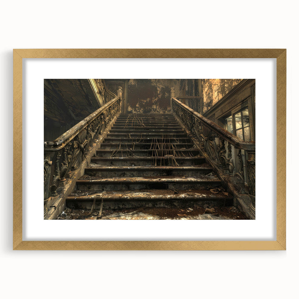 Extra large abstract art print featuring textured design in neutral tones, framed in gold, ideal for living room decor.