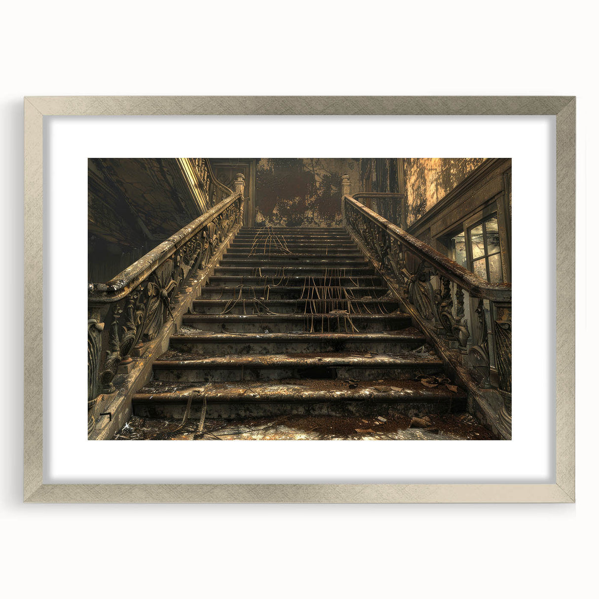 Textured abstract art print in muted gray tones on a framed canvas, suitable for bedroom art.