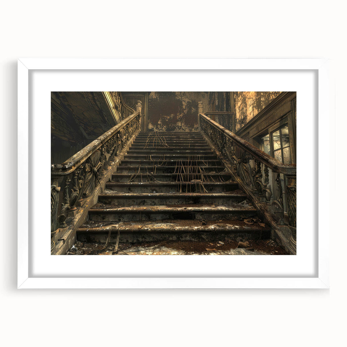Abstract art print of a derelict building in muted grays and blues, framed in white.