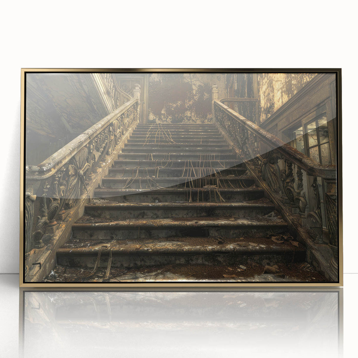 Mid-century modernist acrylic print of a derelict building in muted earth tones, framed in gold.