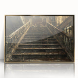 Mid-century modernist acrylic print of a derelict building in muted earth tones, framed in gold.