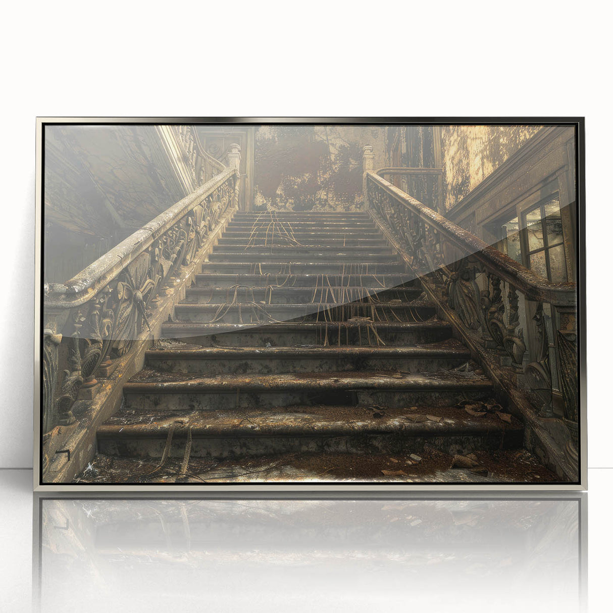 Mid-century modernist art featuring an abstract cityscape in muted gray and blue tones on a framed acrylic print.
