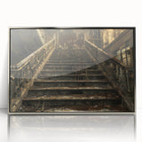 Mid-century modernist art featuring an abstract cityscape in muted gray and blue tones on a framed acrylic print.