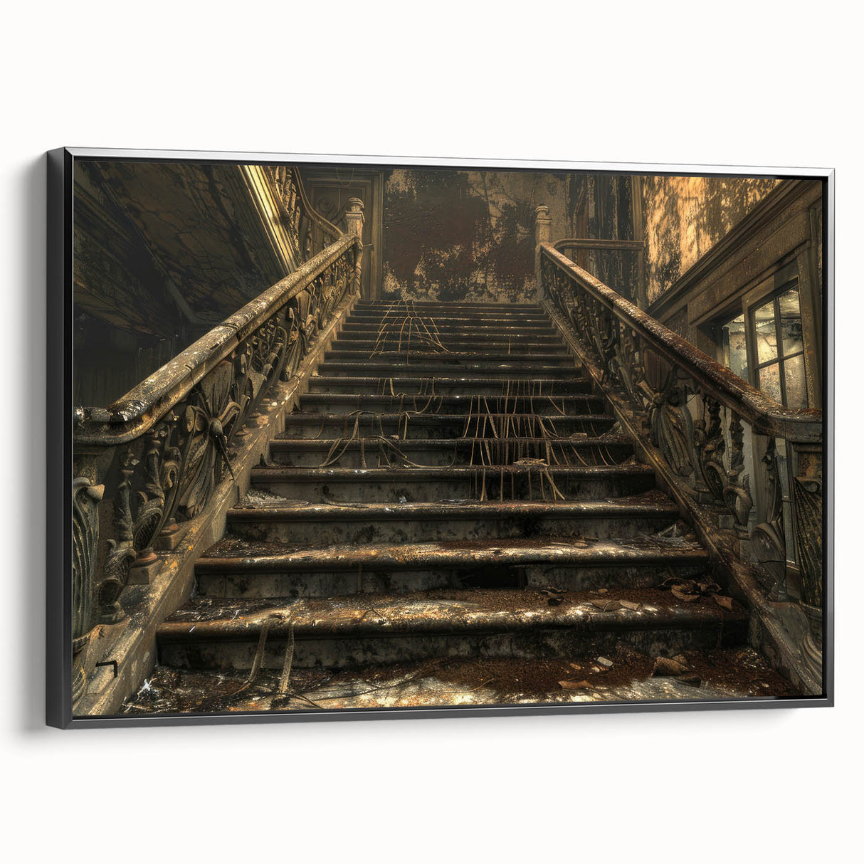 Black and white vintage poster art of a derelict landscape on framed canvas, ideal for bedroom wall decor.