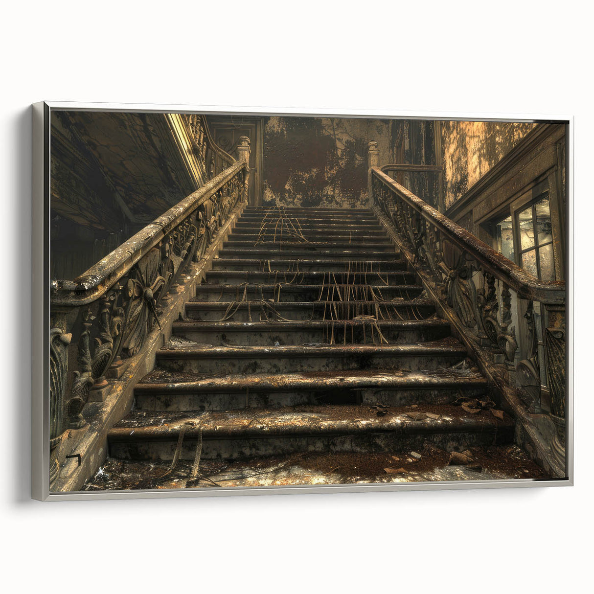 Framed canvas of a vintage black landscape art painting with colorful accents, ideal for office decor.