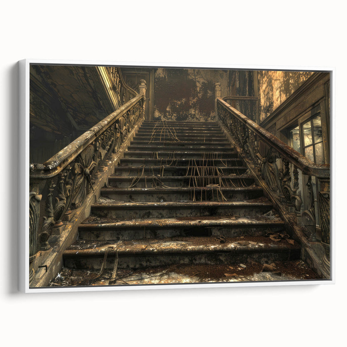 Vintage poster art of a derelict building, with vibrant colors on extra large framed canvas, ideal for living room decor.