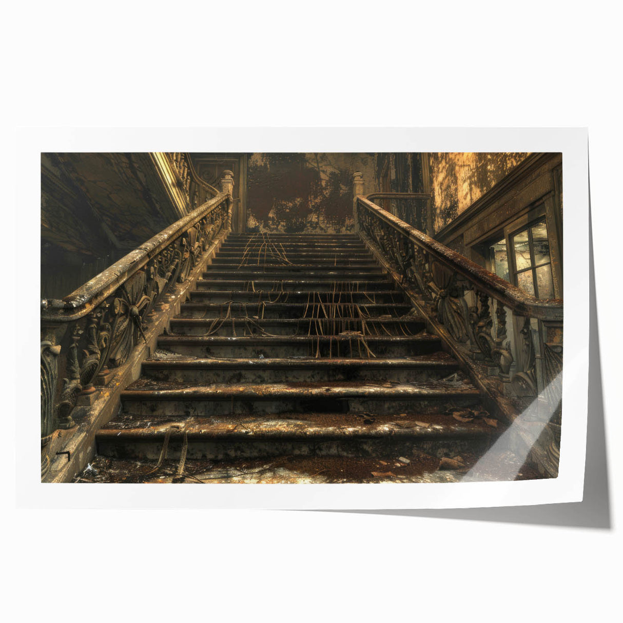 Extra large rolled print of a derelict building in muted gray tones, suitable for art wall dining room.