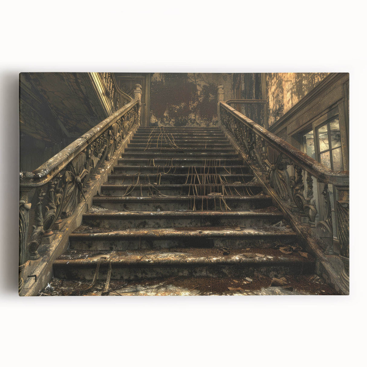 Large black and white photo of a derelict building on stretched canvas, suitable for kitchen wall art.