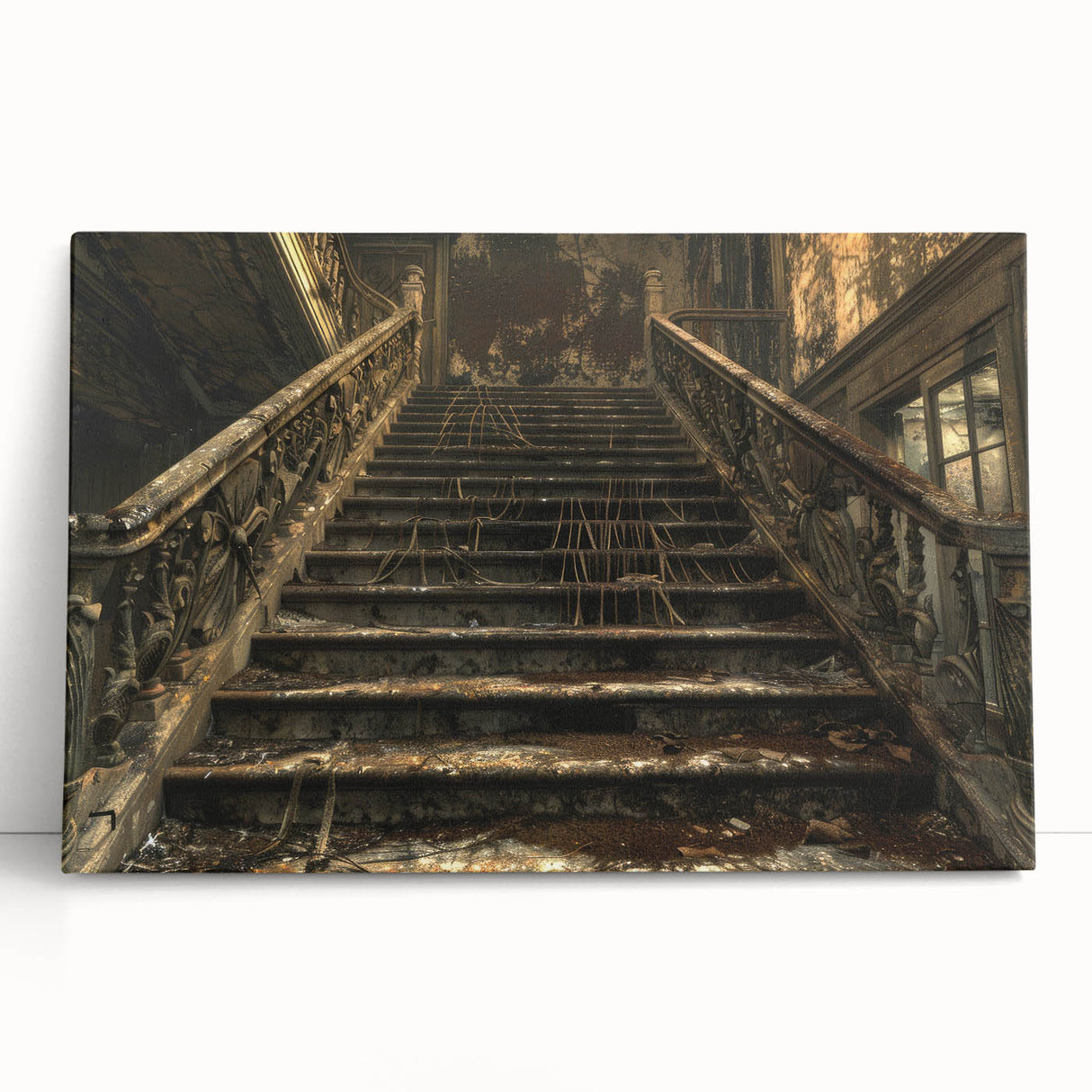 Large black and white photo of a derelict building on stretched canvas, ideal for kitchen wall art or bedroom.