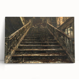 Large black and white photo of a derelict building on stretched canvas, ideal for kitchen wall art or bedroom.