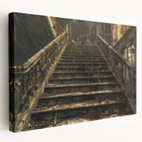 Large art depicting a derelict building in muted gray tones on a stretched canvas, suitable for kitchen wall art.