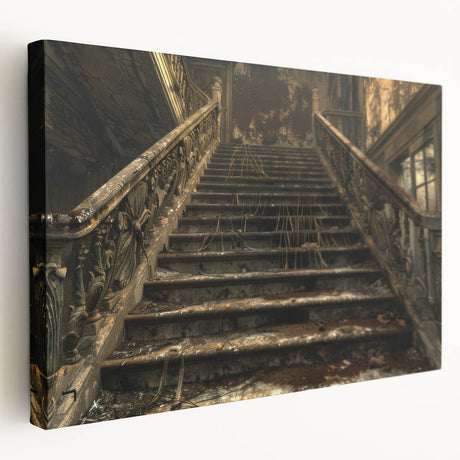 Large art depicting a derelict building in muted gray tones on a stretched canvas, suitable for kitchen wall art.