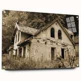 Large abstract wall art on acrylic glass depicting a derelict building, in muted gray tones.