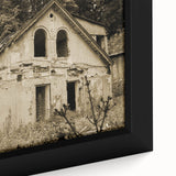 Black and white framed canvas depicting a vintage landscape scene, ideal for bedroom wall art.