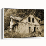 Vintage poster art of a derelict building in vibrant colors on a large framed canvas, suitable for living room decor.