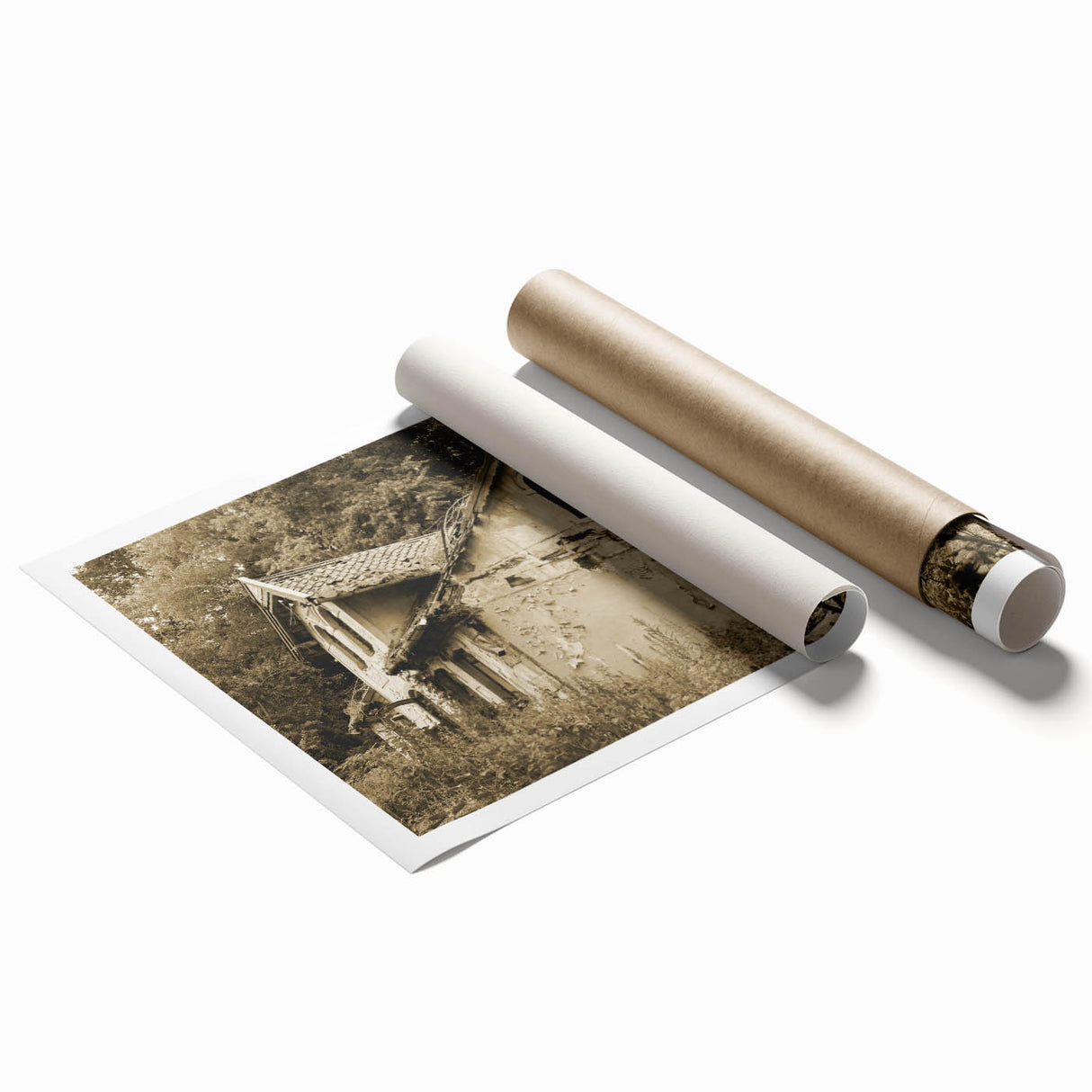 Extra large rolled print featuring a derelict building in muted gray and pastel tones, ideal for classy bathroom wall art.