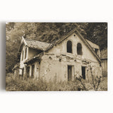 Large black and white photograph of a derelict building on stretched canvas, suitable for kitchen wall art.