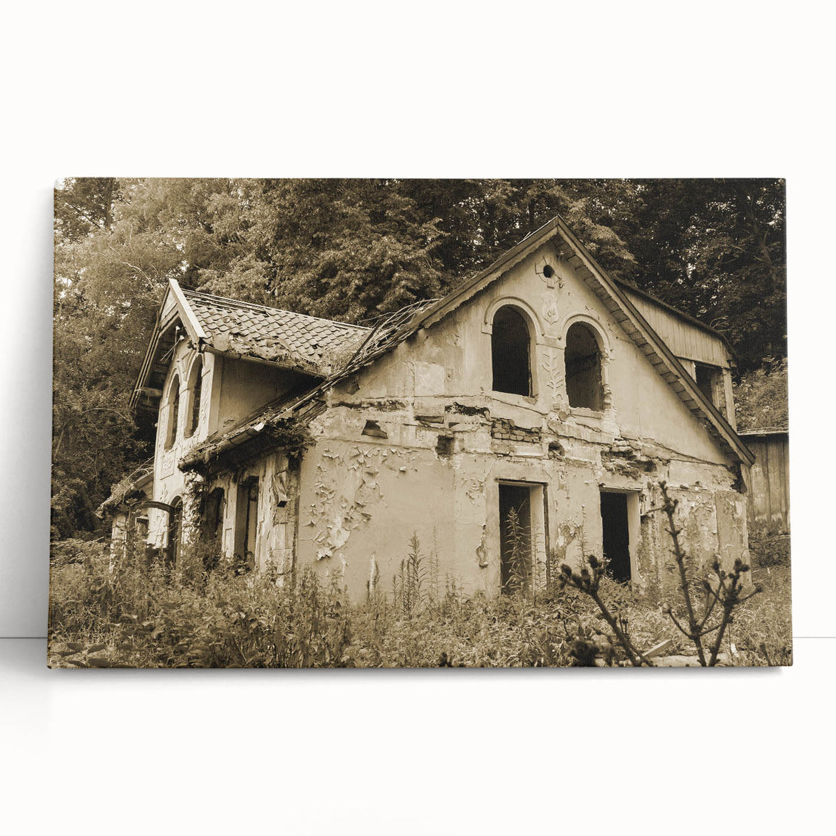 Black and white photograph of a derelict building on stretched canvas, suitable as large kitchen wall art or for a bedroom.