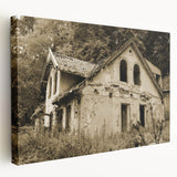 Large canvas print of a derelict building in muted brown and gray tones, suitable for kitchen wall art.