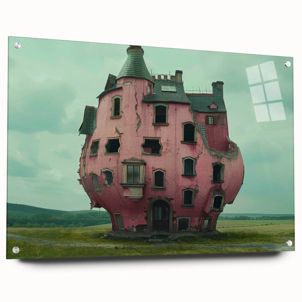 Large abstract wall art on acrylic glass, featuring derelict architecture in muted gray tones.