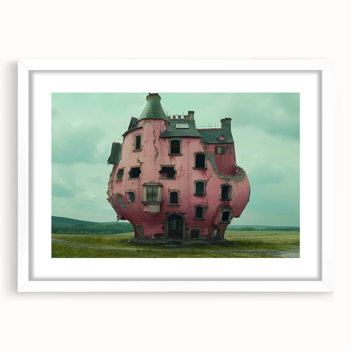 Abstract art print of a dilapidated building in muted gray and blue tones, framed with a white mat.