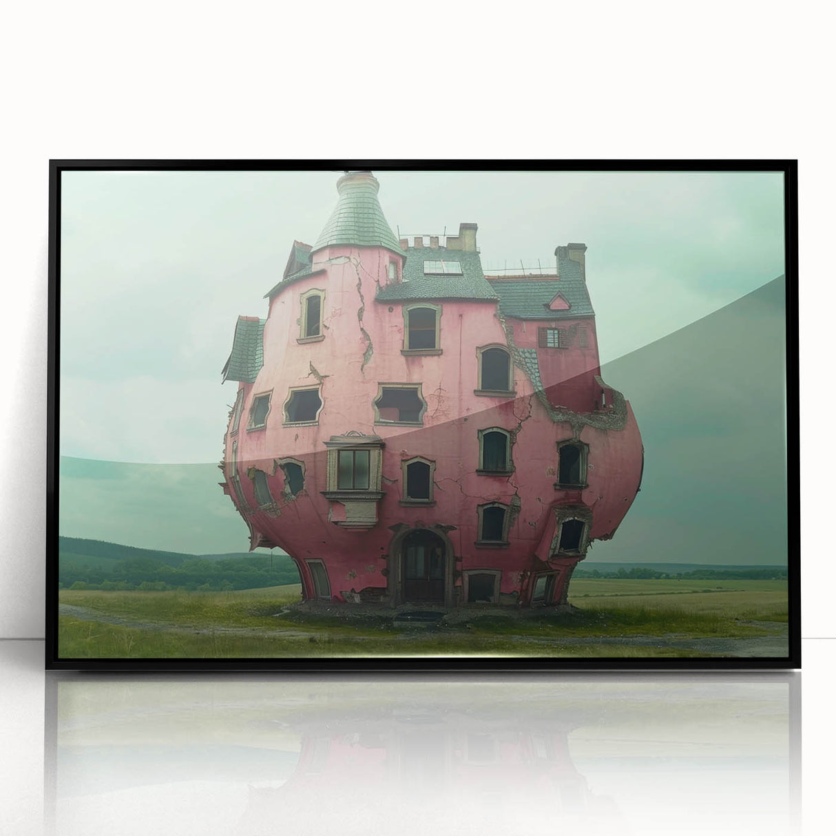 Large abstract wall art depicting geometric shapes in muted earth tones, framed in black acrylic.