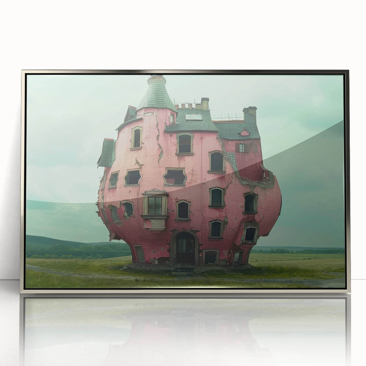 Mid-century modernist art of a derelict building in muted grey and silver tones on acrylic, ideal for modern art wall decor.