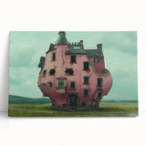 Black and white photograph of a derelict building on stretched canvas, ideal for kitchen wall art or bedroom decor.