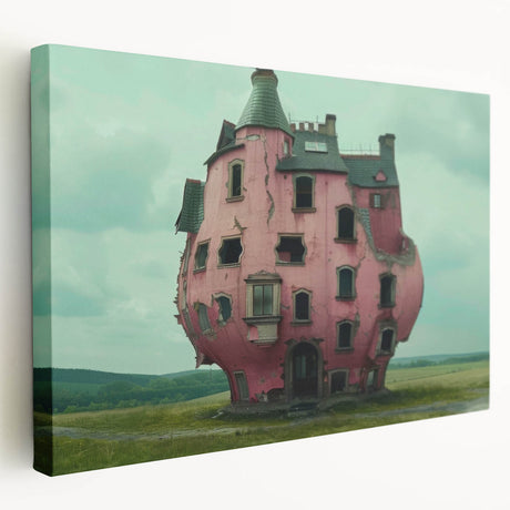 Large stretched canvas featuring a derelict building in gray tones, suitable as kitchen wall art.