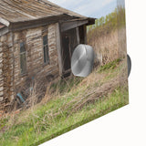 Large abstract wall art in mid-century modernist style, featuring derelict architectural designs in neutral tones.