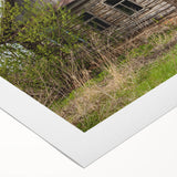 Art Deco poster of a derelict building in muted gray and blues on rolled canvas, ideal for nursery wall art.