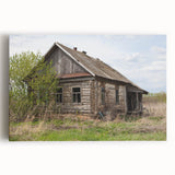 Large black and white photo of an abandoned building on stretched canvas, suitable for kitchen wall art.