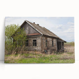 Black and white photograph of a derelict building on a large stretched canvas, suitable as kitchen wall art or for a bedroom.