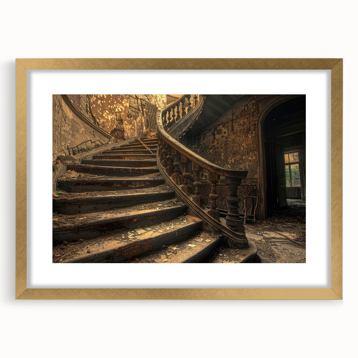Extra large abstract art print featuring textured patterns in muted earth tones, framed in gold, ideal for living room decor.