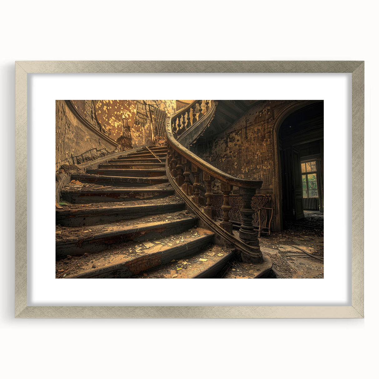 Textured abstract art print in muted gray, displayed in a silver frame with mat, ideal for bedroom art.