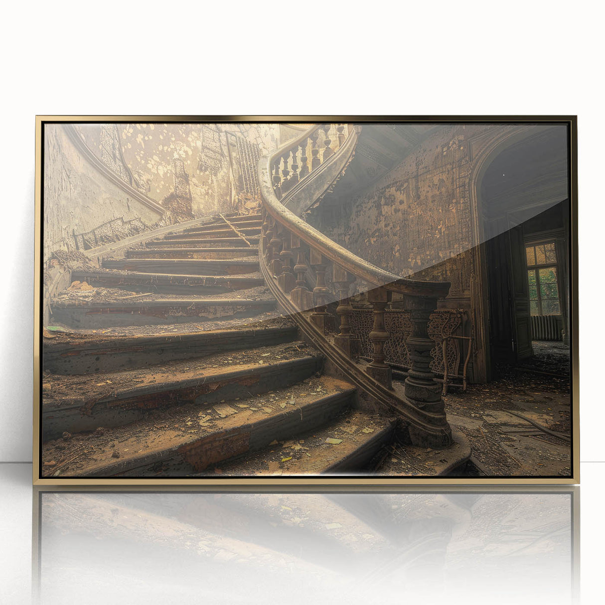 Mid-century modernist acrylic print of a geometric building, in muted gold tones, ideal for modern art wall decor.