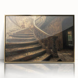 Mid-century modernist acrylic print of a geometric building, in muted gold tones, ideal for modern art wall decor.