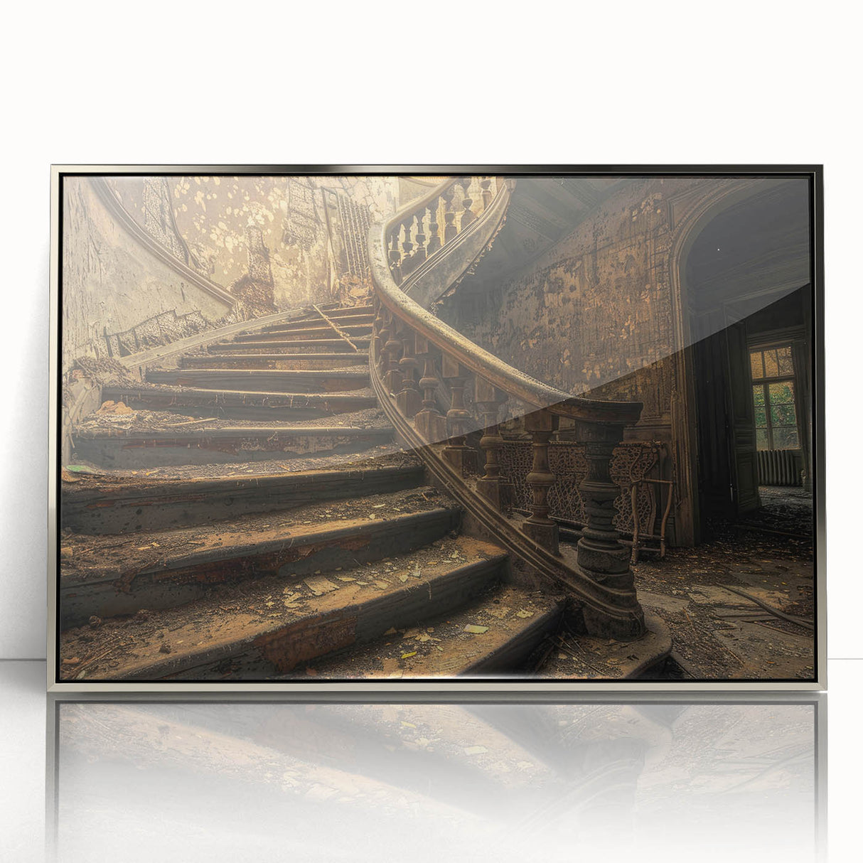 Mid-century modernist art featuring geometric shapes in muted earth tones, acrylic print in a silver frame.