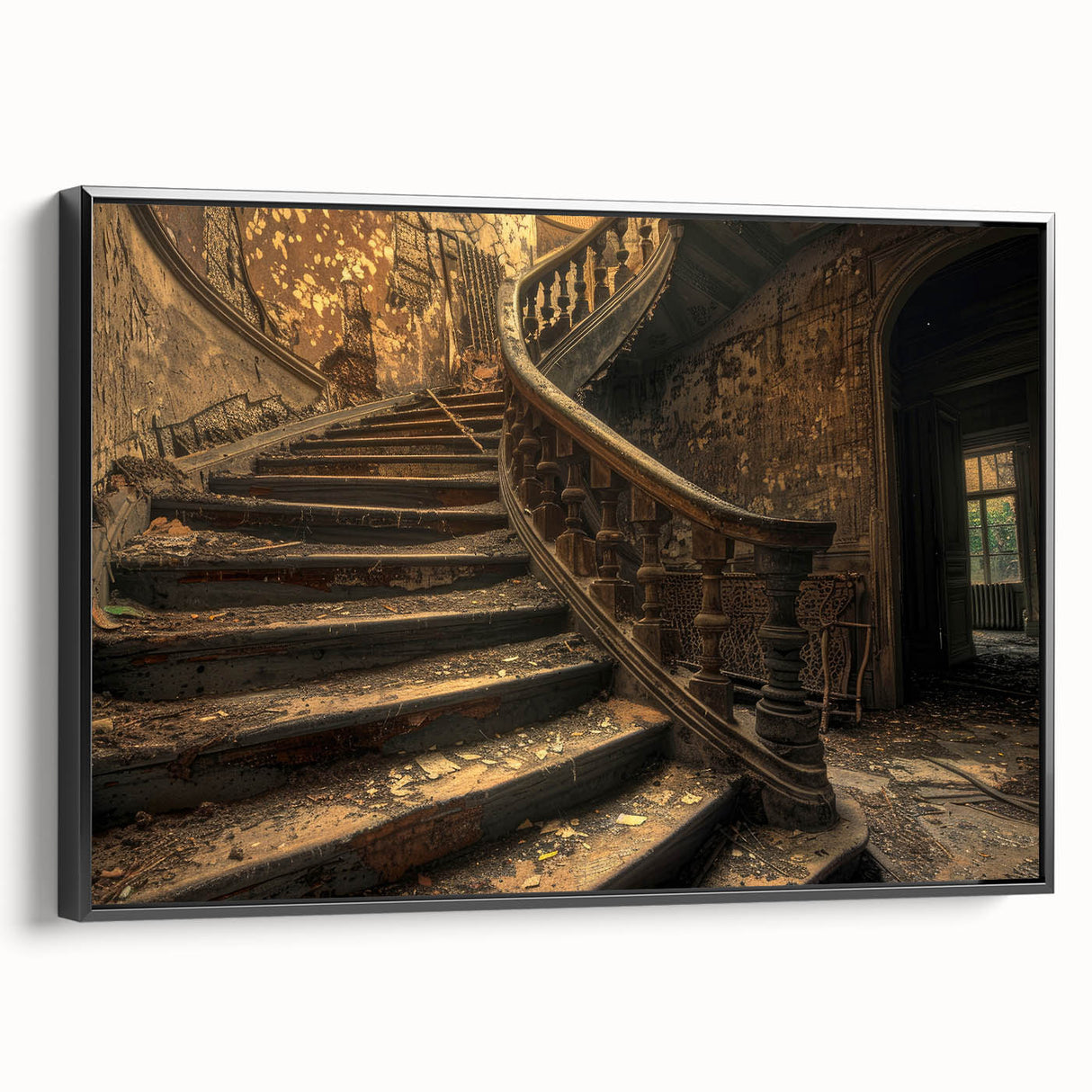 Framed canvas featuring a vintage poster of a black and white derelict building, suitable for bedroom wall art.