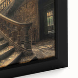 Black and white vintage poster art of a derelict building, printed on framed canvas, suitable for bedroom wall decor.