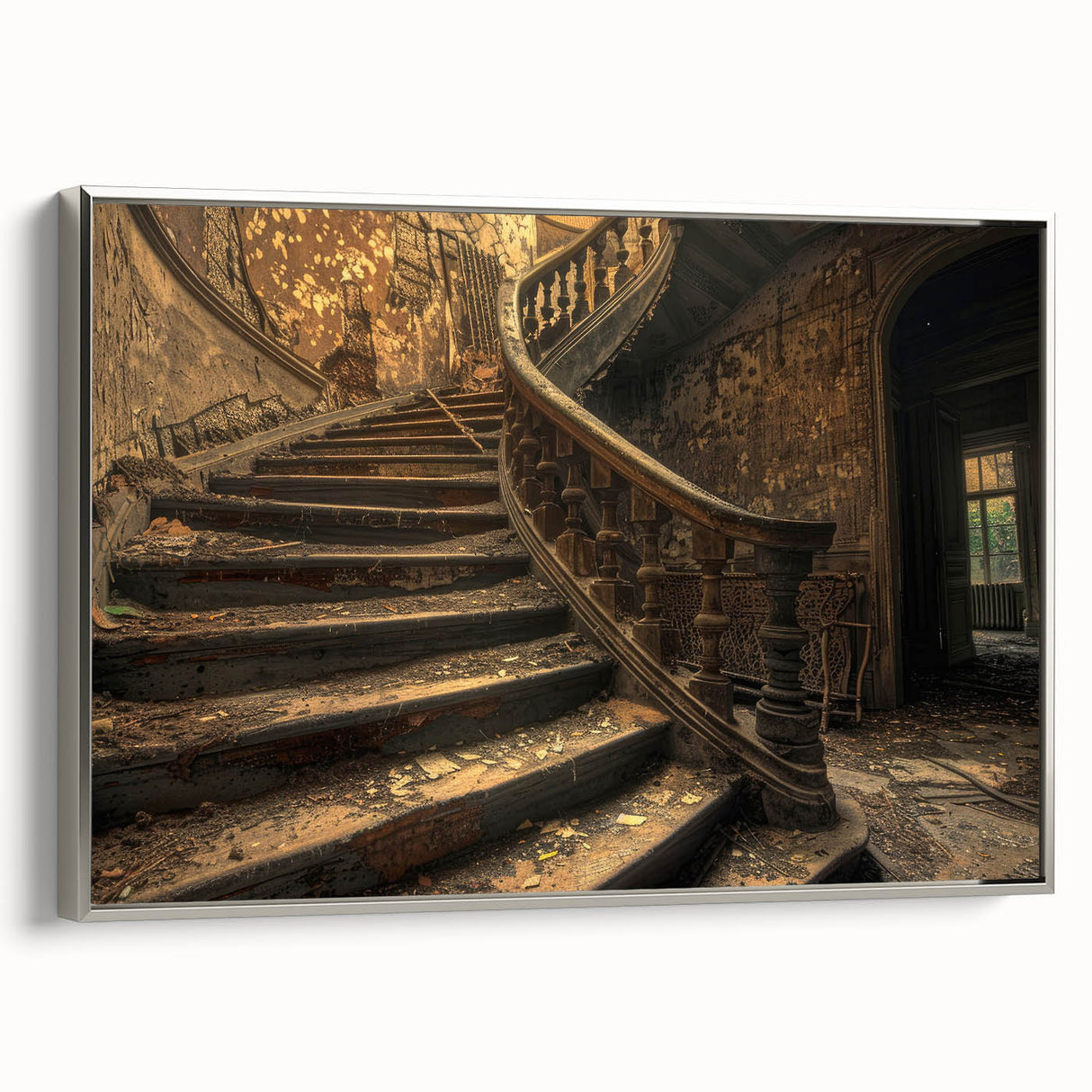 Vintage poster art of a derelict building in muted gray and silver tones on a framed canvas, suitable for living room decor.