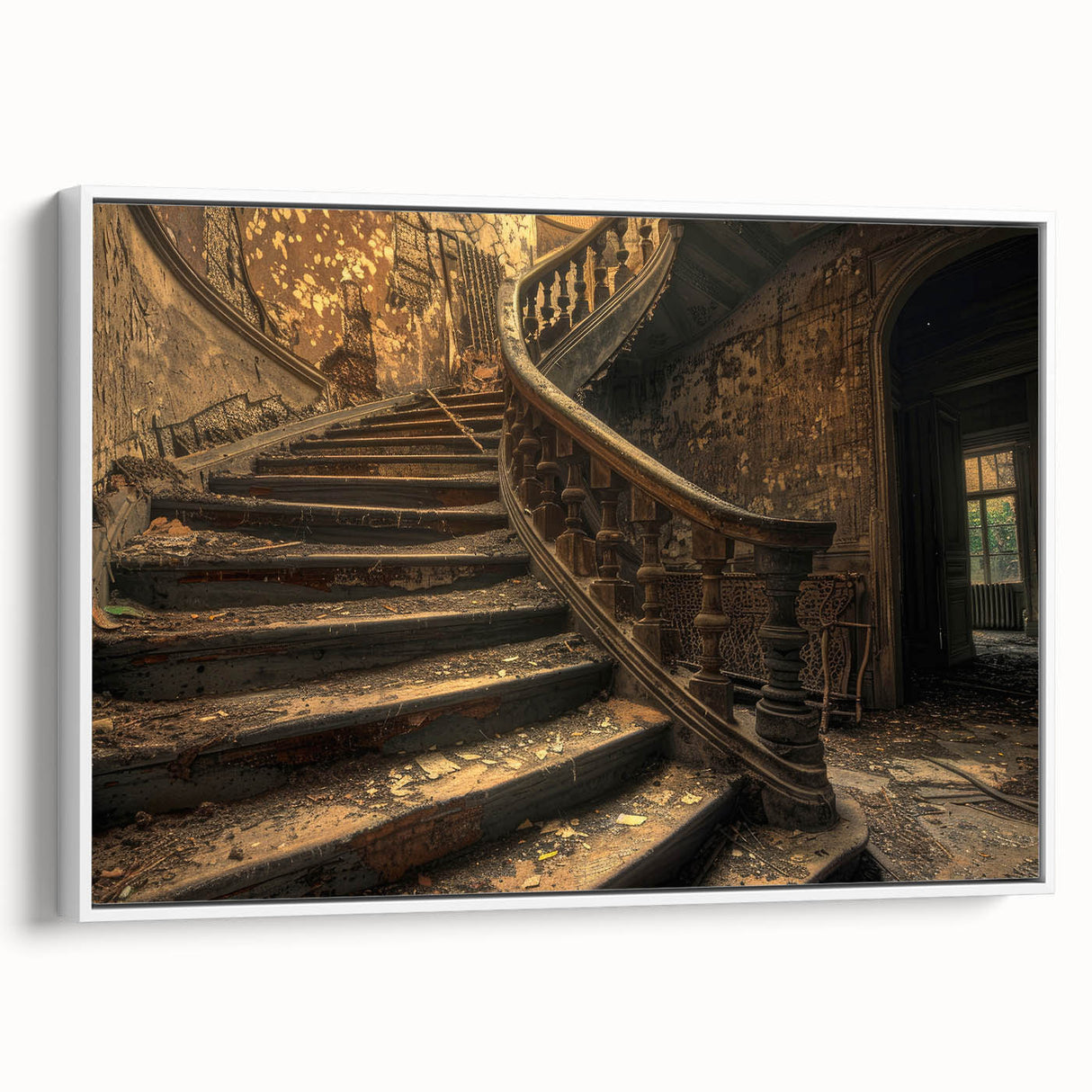 Extra large framed canvas featuring textured, black wall art of a derelict building, with colorful accents.