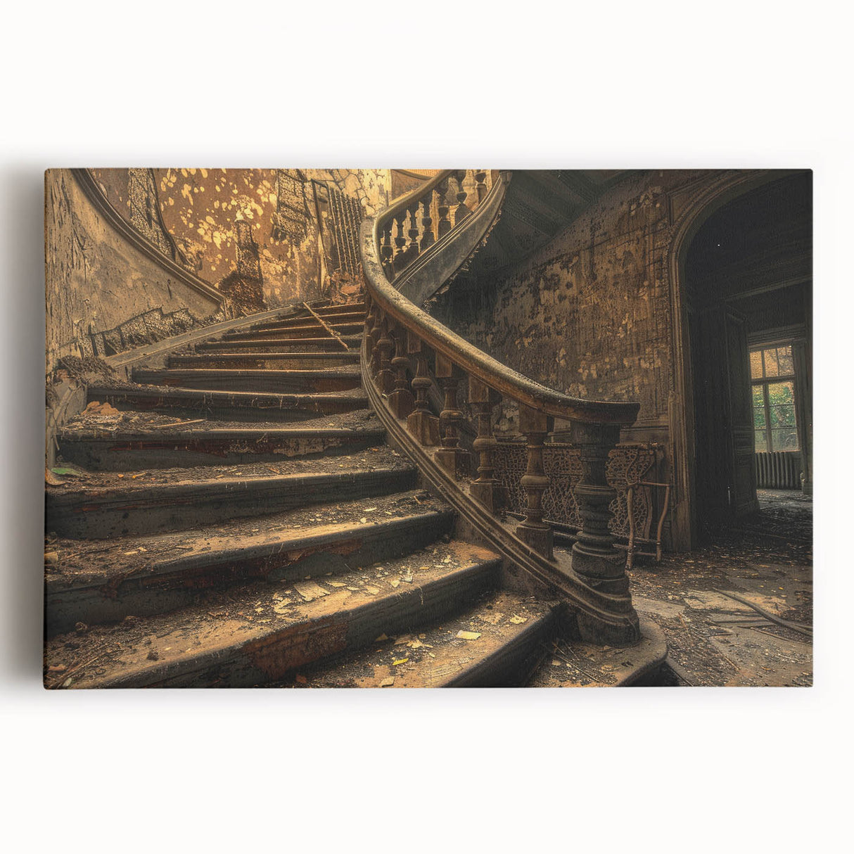 Black and white photograph of a derelict building on stretched canvas, ideal for kitchen wall art.