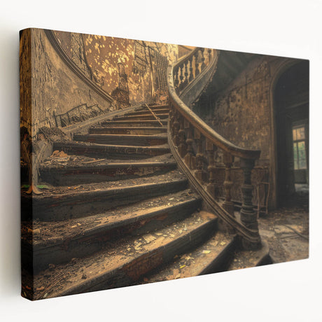 Large wall art on stretched canvas featuring a derelict building in muted earth tones, ideal for kitchen wall decor.