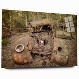 Large abstract wall art on acrylic glass depicting derelict buildings in muted gray and blue tones.