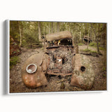 Vintage poster art of a derelict building on a framed canvas, featuring a black and colorful palette.