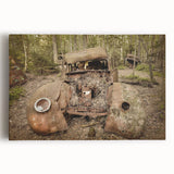 Black and white photo of a derelict building on stretched canvas, ideal for kitchen wall art.