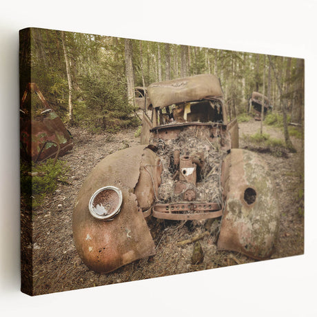 Large stretched canvas featuring a grayscale image of derelict buildings, suitable for kitchen wall art.