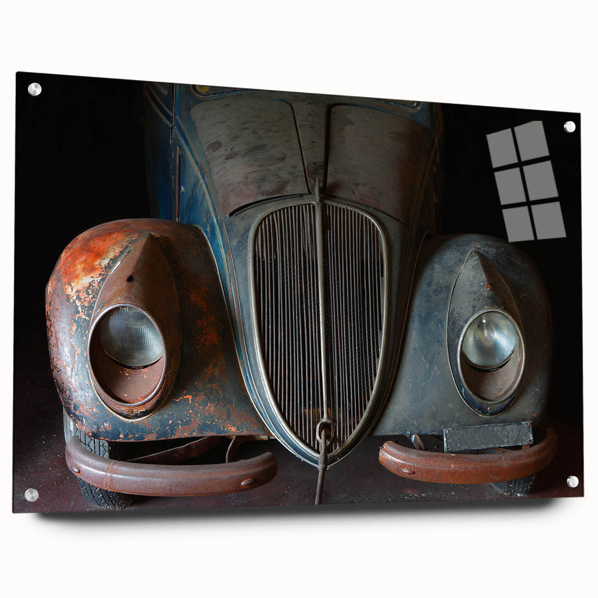 Large abstract wall art on acrylic glass featuring geometric shapes in muted earth tones.
