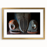 Extra large abstract art print depicting a textured, derelict building in muted earth tones, framed in gold.